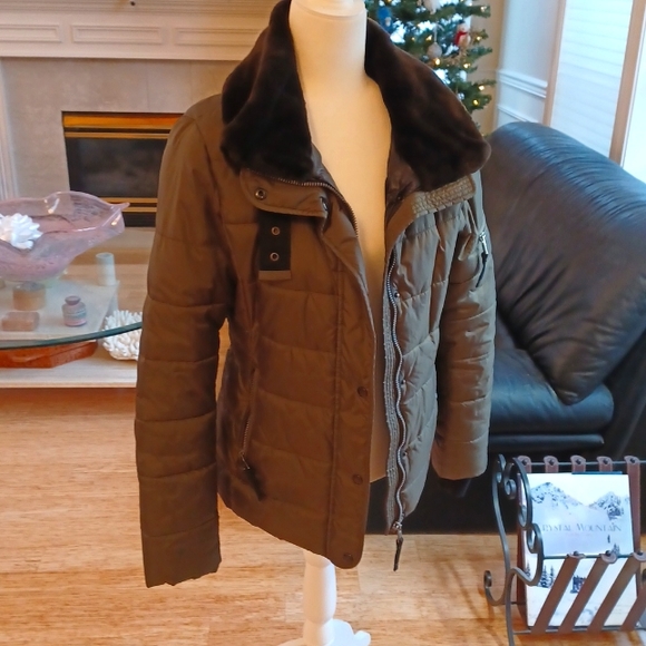 S 13/NYC Jackets & Blazers - S 13/NYC Puffer Jacket Size Med, Olive Green with Faux Brown Fur Collar